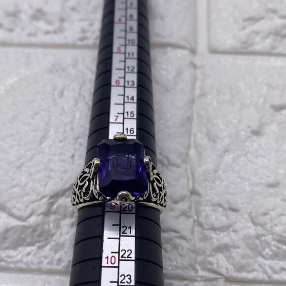 Womens Fashion Ring Purple Gemstone Silver Plated Metal Intricate Design Size 9 - Picture 7 of 9